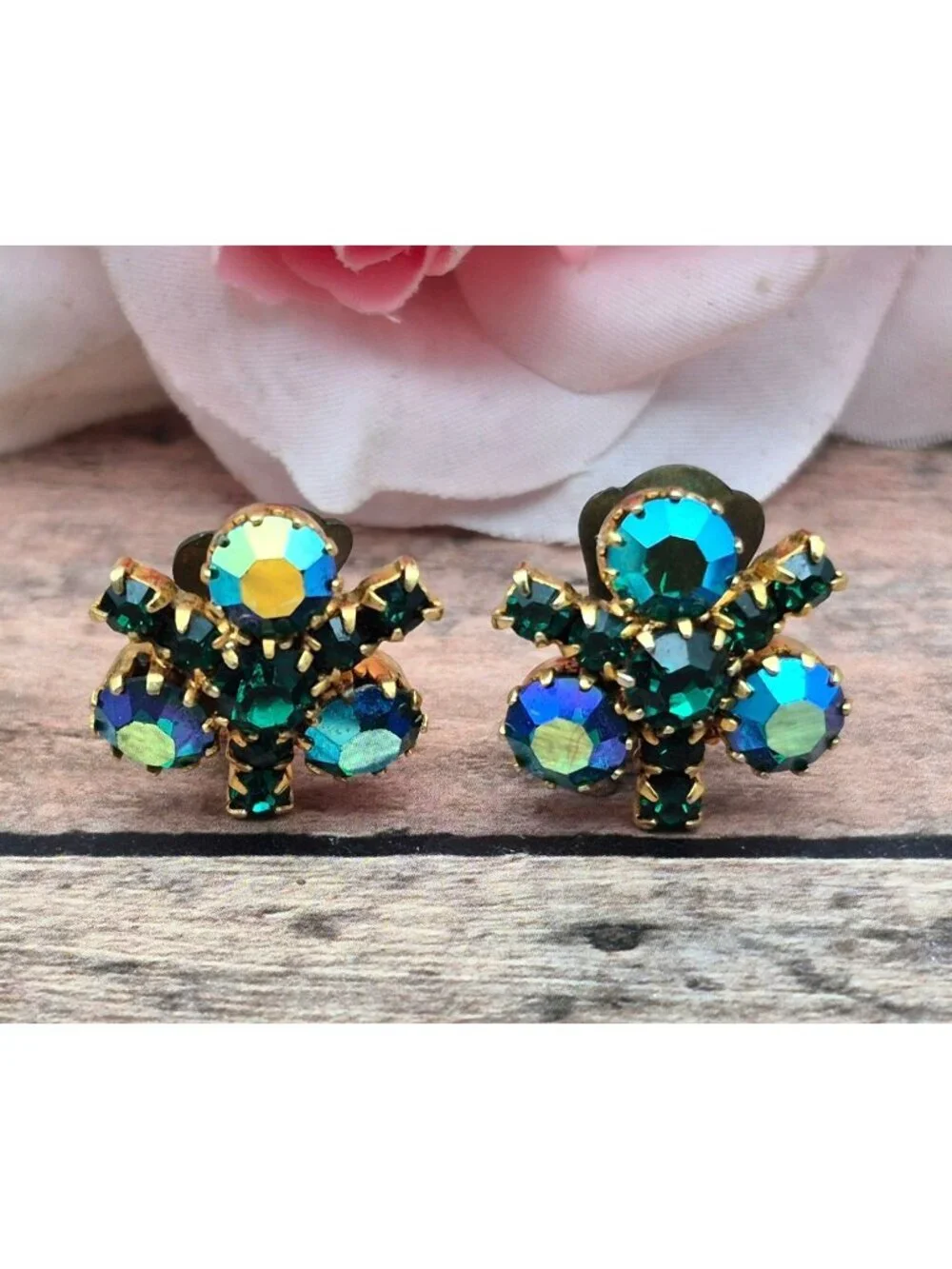 Vintage 50's 60's Signed Austria Green & Blue AB Rhinestone Dainty Clip Earrings